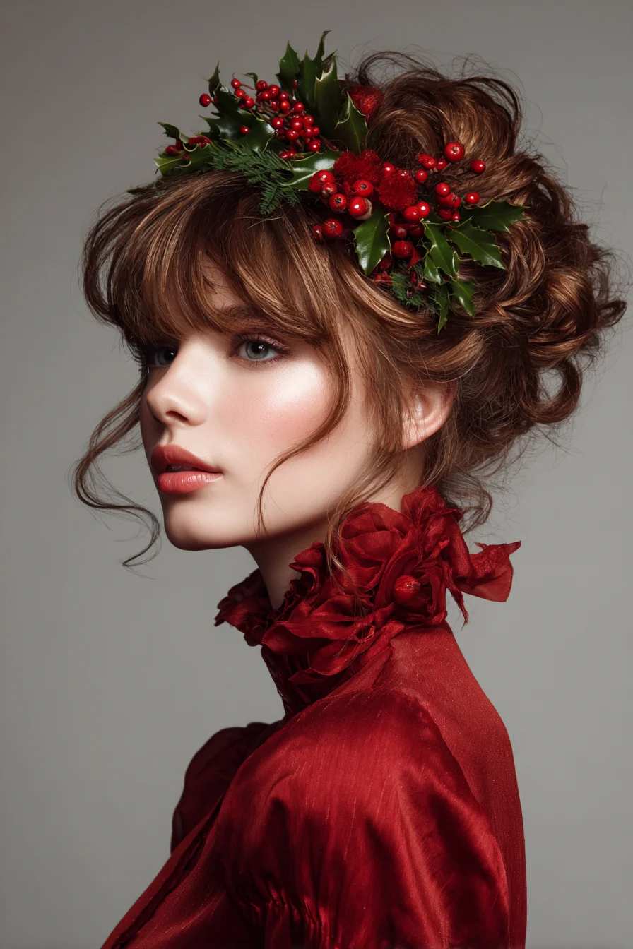 Romantic Textured Updo with Wispy Bangs and Festive Floral Crown