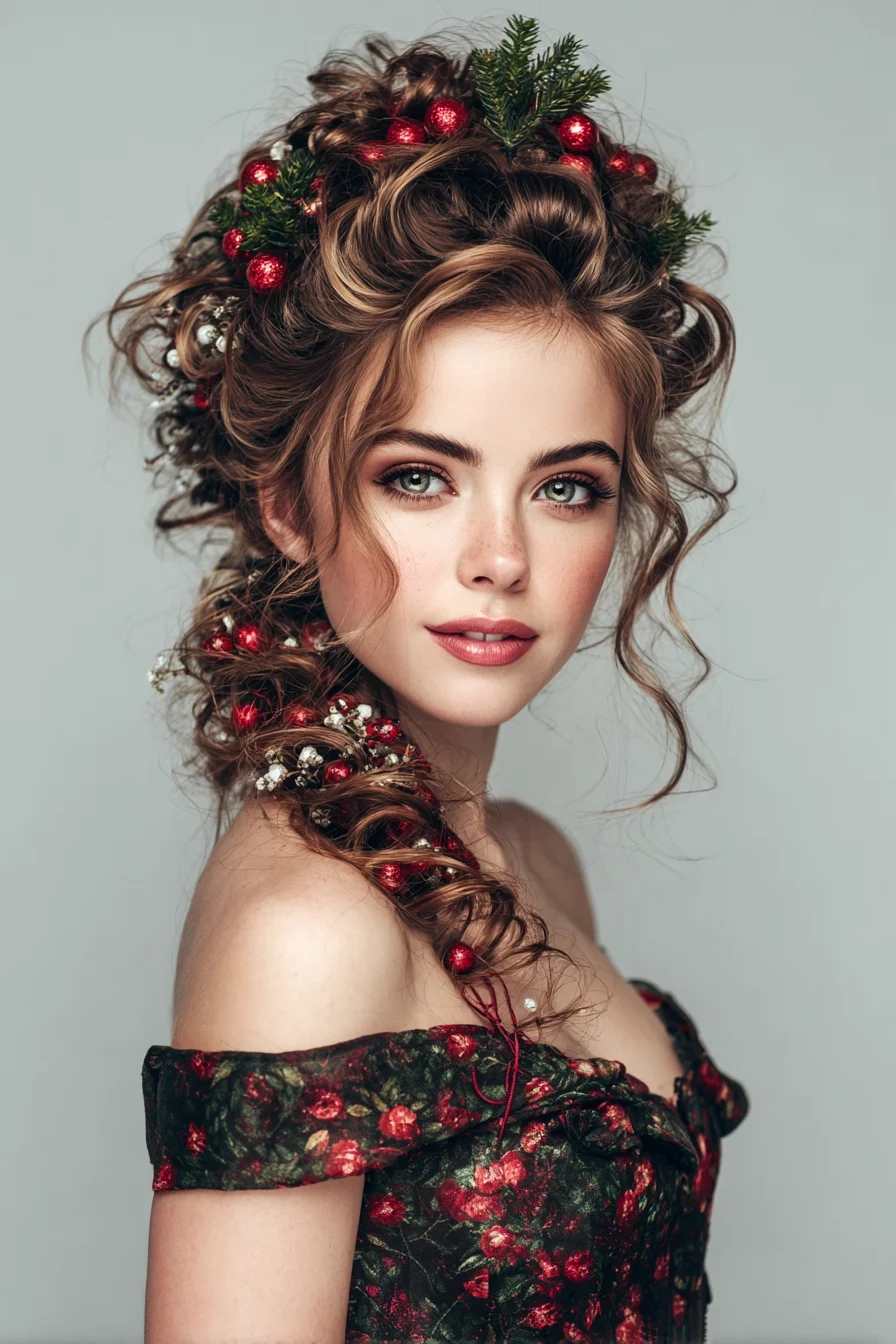 Romantic Twisted Braid Updo with Berry & Greenery Accents