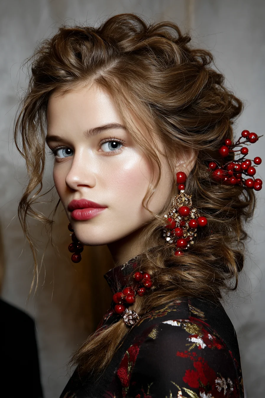 Romantic Voluminous Braided Updo with Loose Face‑Framing Waves