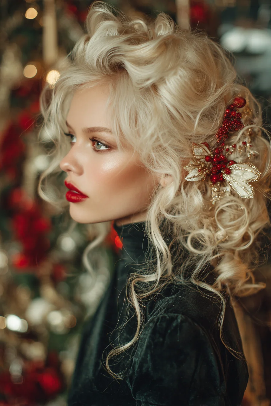 Romantic Voluminous Curly Updo with Decorative Holiday Hairpiece