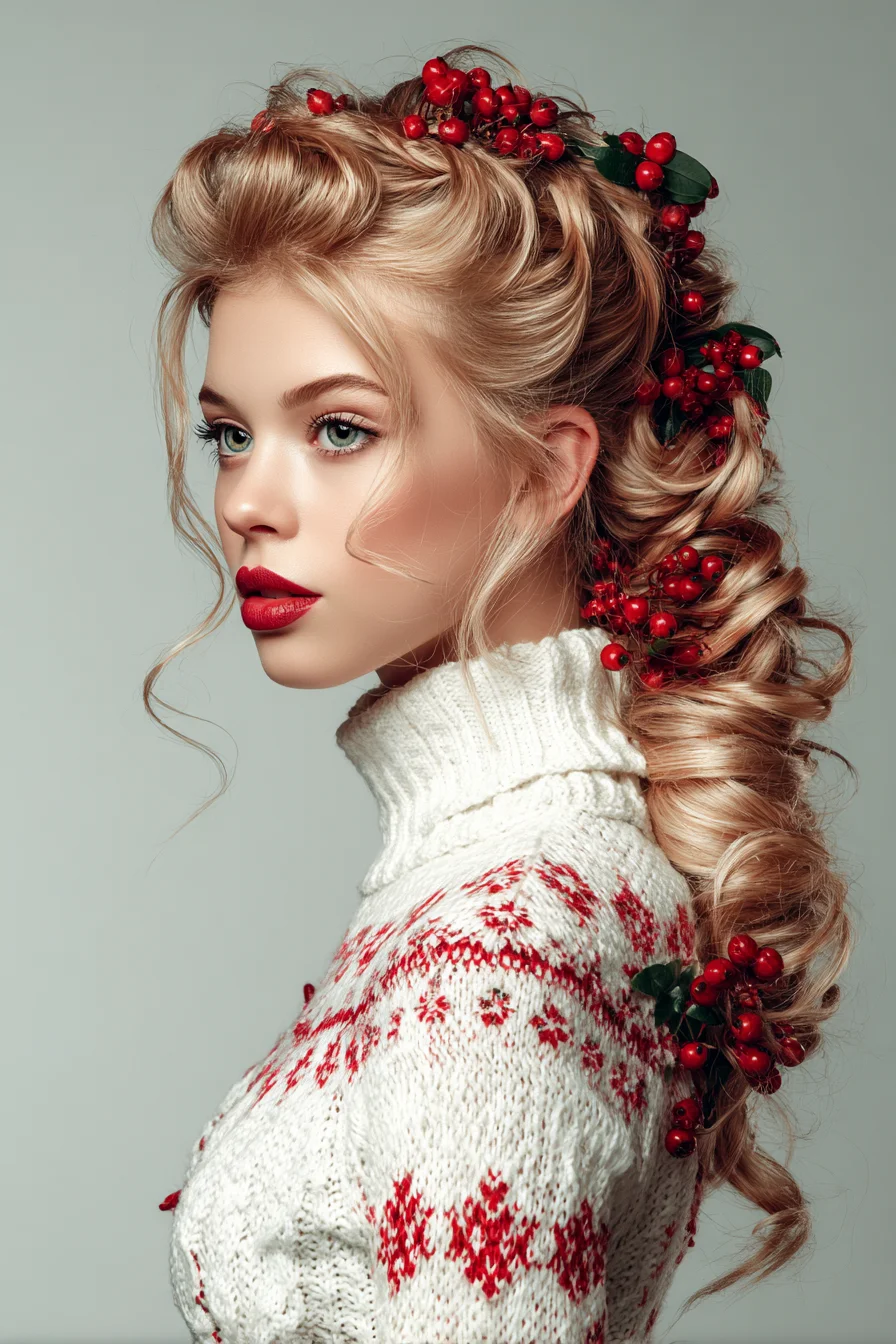 Romantic Voluminous Pull-Through Braid with Berry Accents