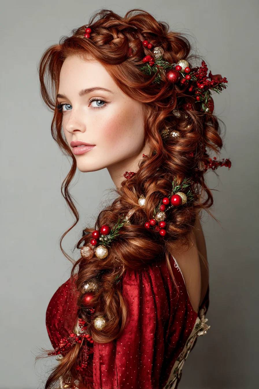 Romantic Voluminous Side Braid with Festive Holiday Accents