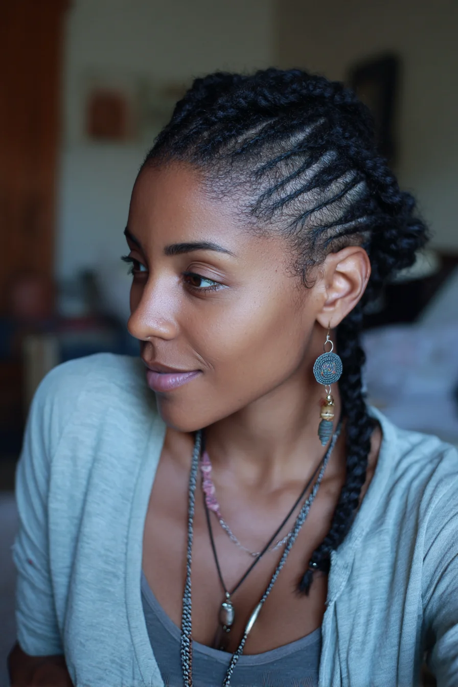 Scalp Cornrows (Feed‑In) Flowing Into a Side Braided Ponytail