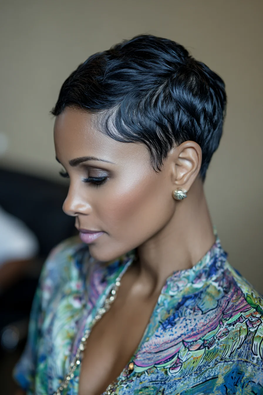 Sculpted Finger‑Wave Pixie — Short Tapered Pixie with Glossy Waves