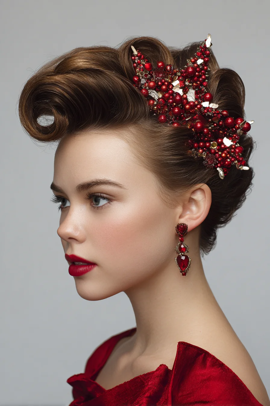 Sculpted Victory Rolls Updo with Festive Decorative Hairpiece