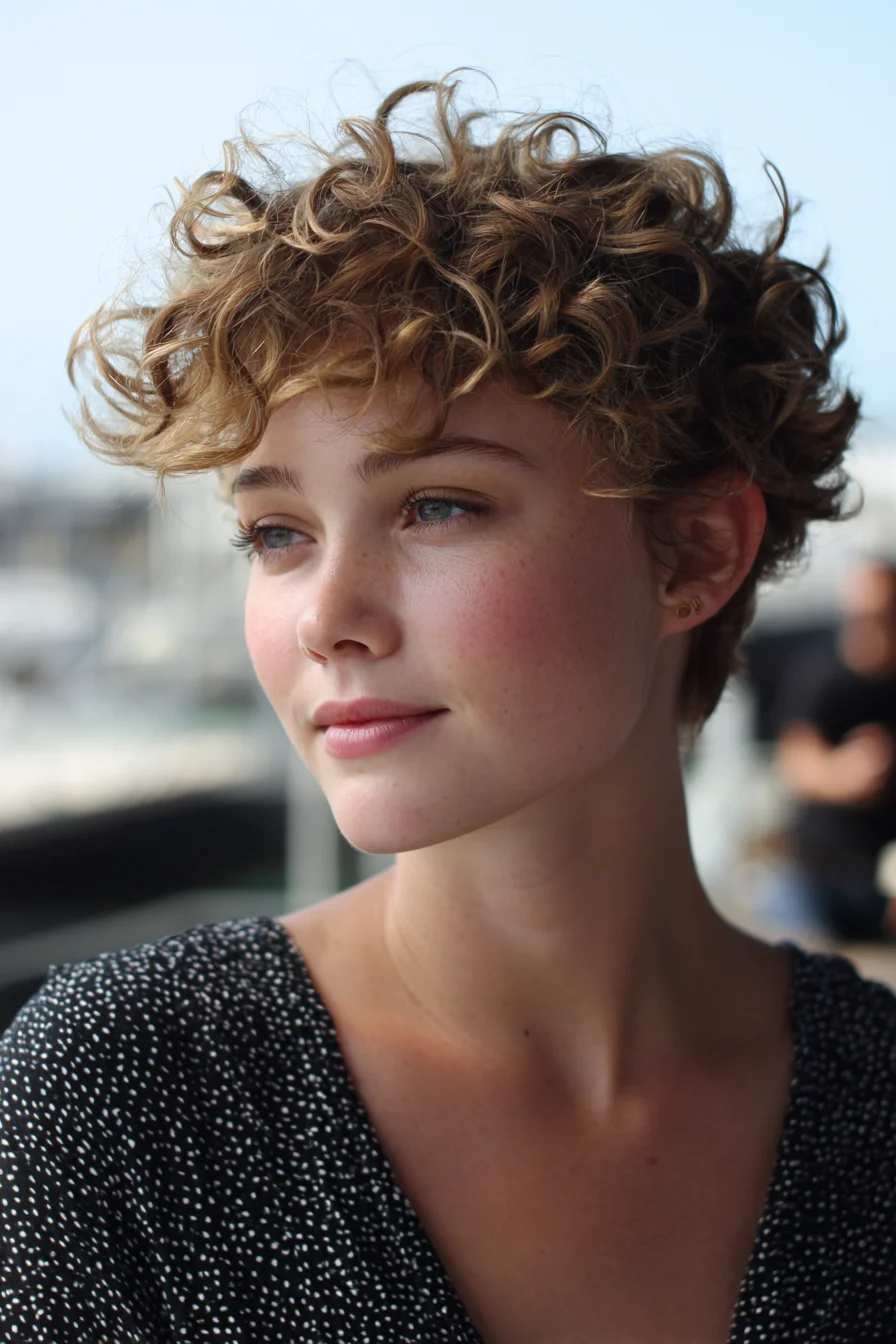 Short Curly Pixie with Textured Ringlets and Face-Framing Fringe