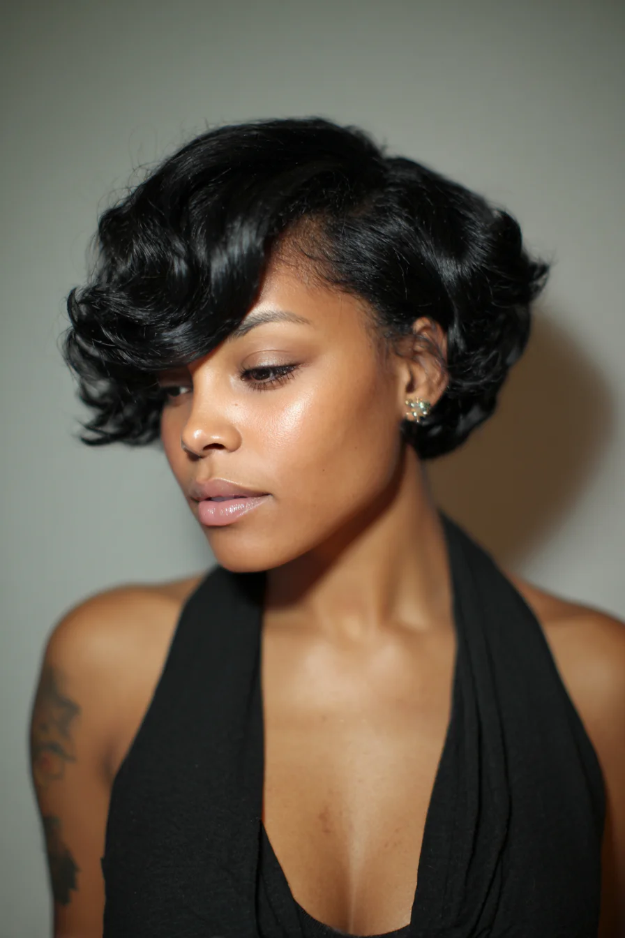 Short Finger‑Wave Bob with Deep Side Part and Glossy S‑Waves