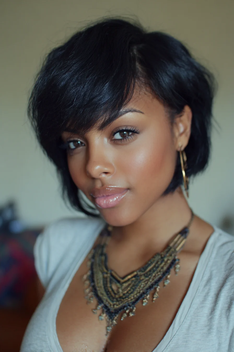 Short Layered Bob with Side‑Swept Fringe — Smooth Textured Finish