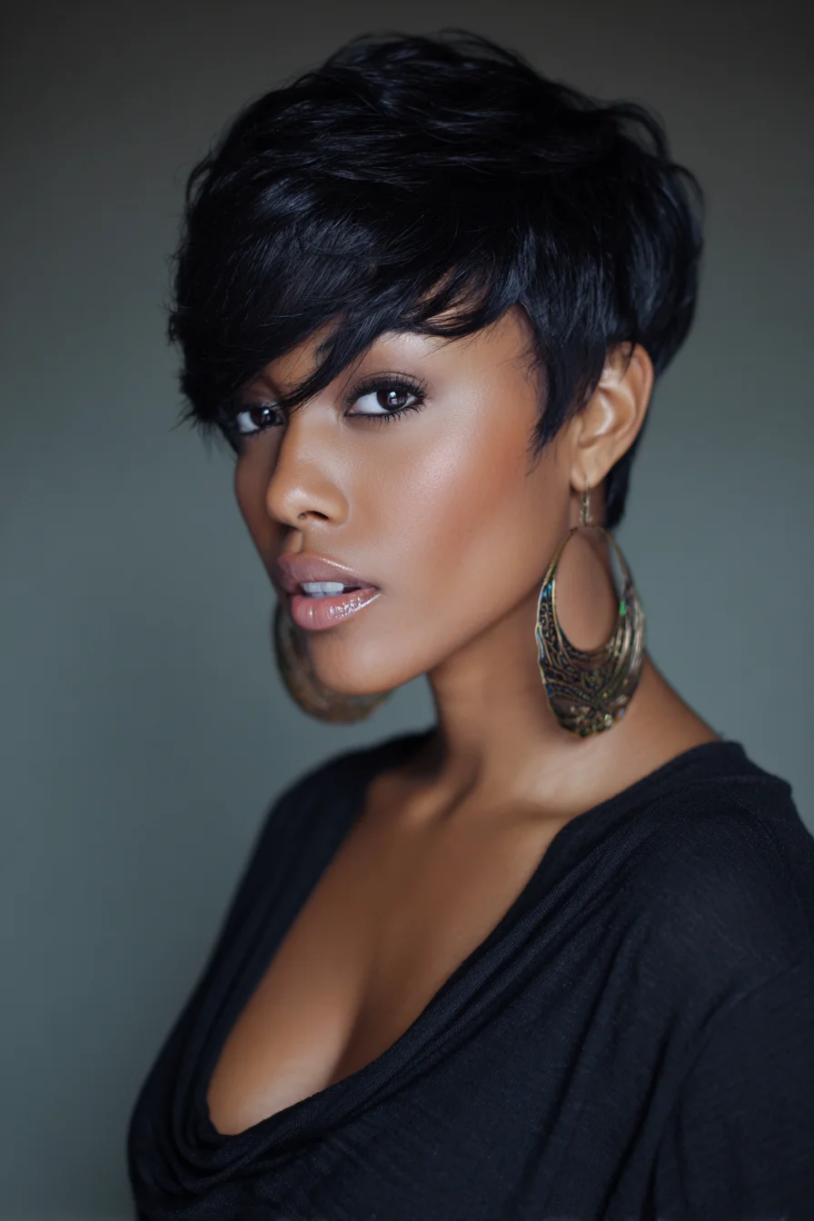 Short Textured Pixie with Side‑Swept Bangs — Layered Tapered Cut