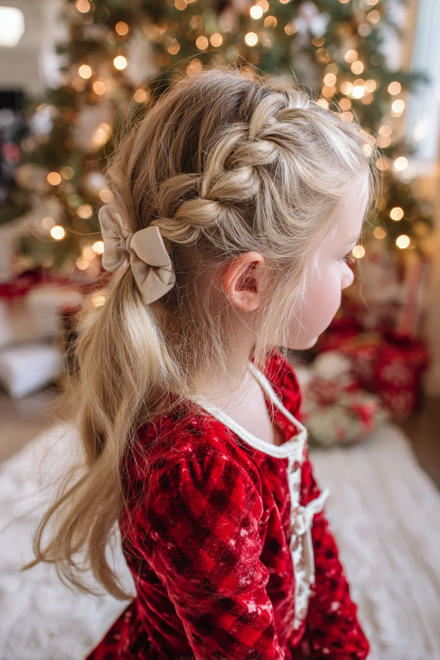 Side Dutch Braid into Low Ponytail with Bow — Braided Holiday Hairstyle