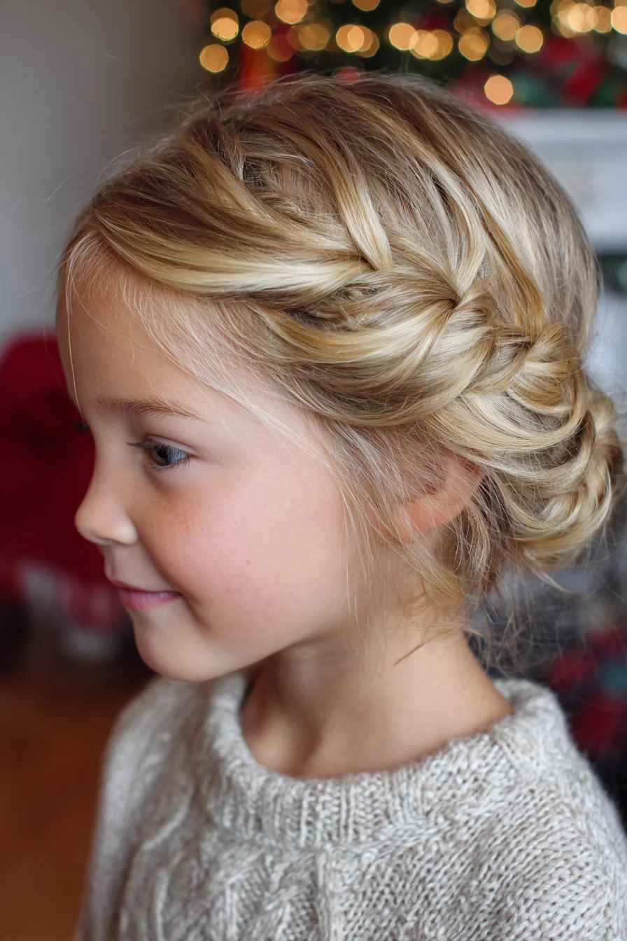 Side‑Feed Braided Crown into Low Twisted Bun — Soft Textured Updo