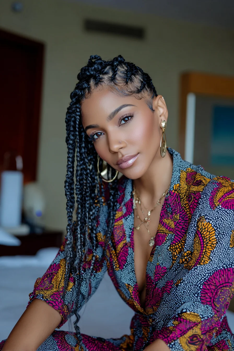 Side‑Swept Medium Box Braids with Cornrowed Scalp and Laid Baby Hairs