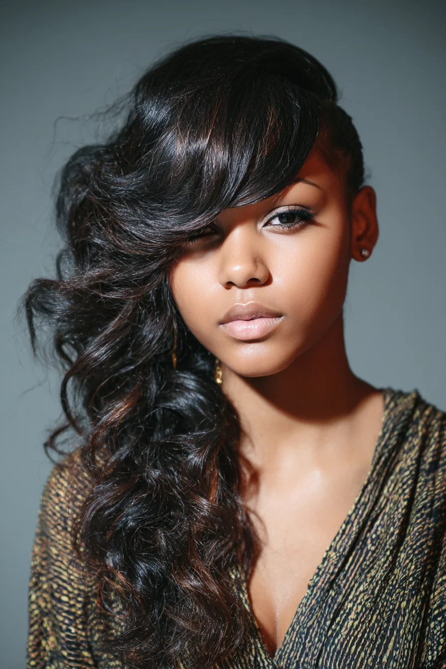 Side-Swept Voluminous Curls with Sleek Deep Side Part