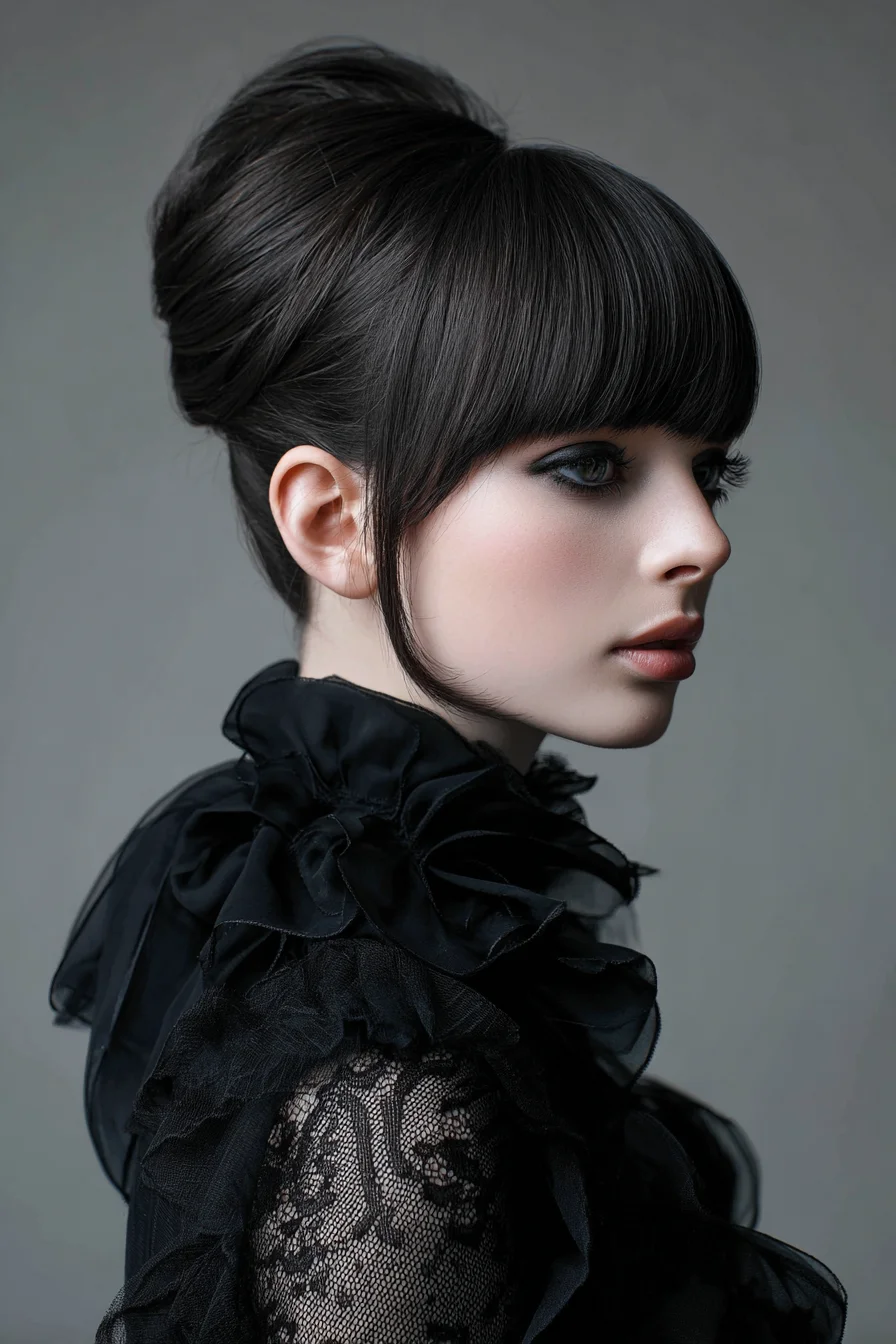 Sleek Bouffant Updo with Blunt Fringe and Face‑Framing Tendrils