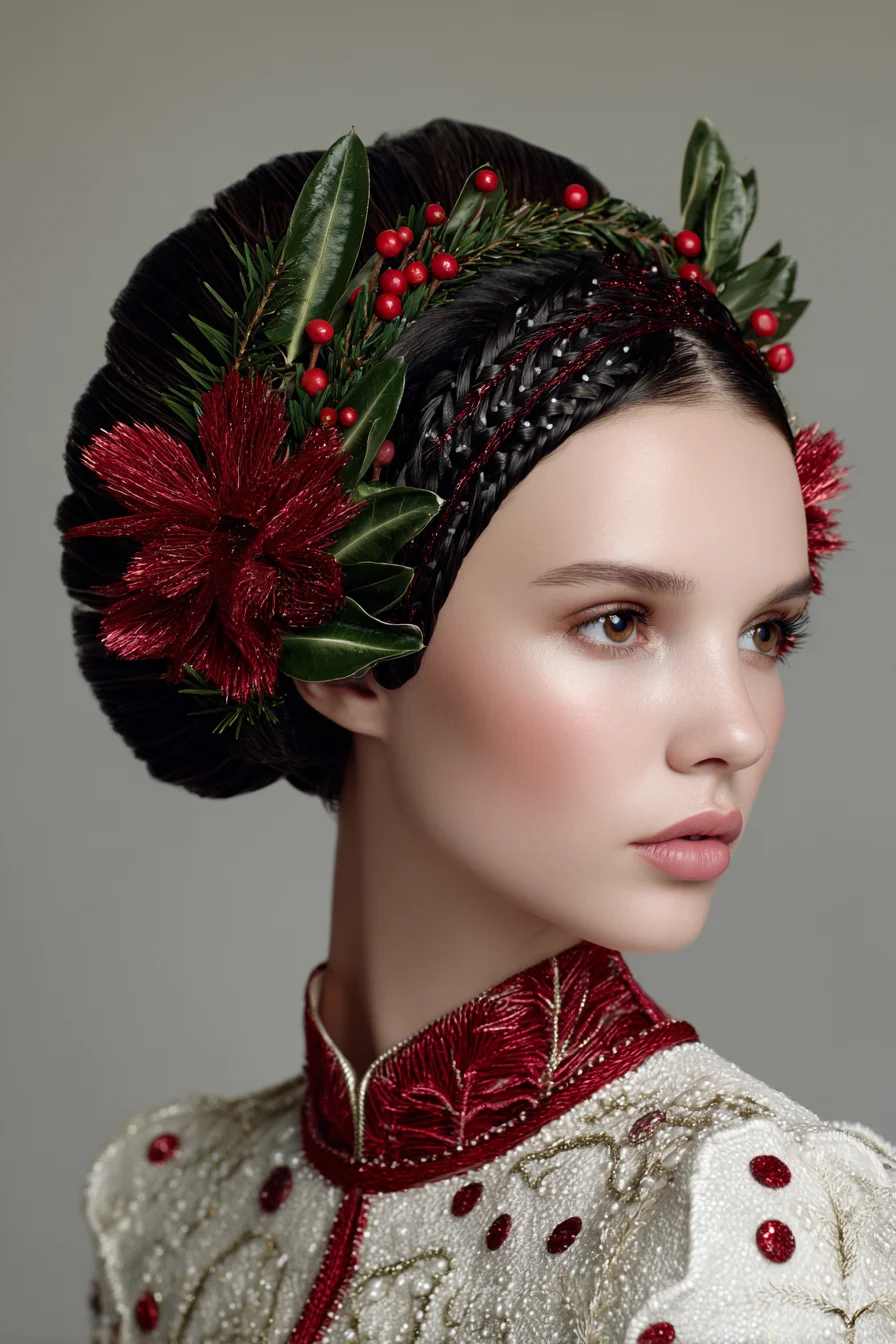 Sleek Braided Crown Chignon with Festive Floral Accents