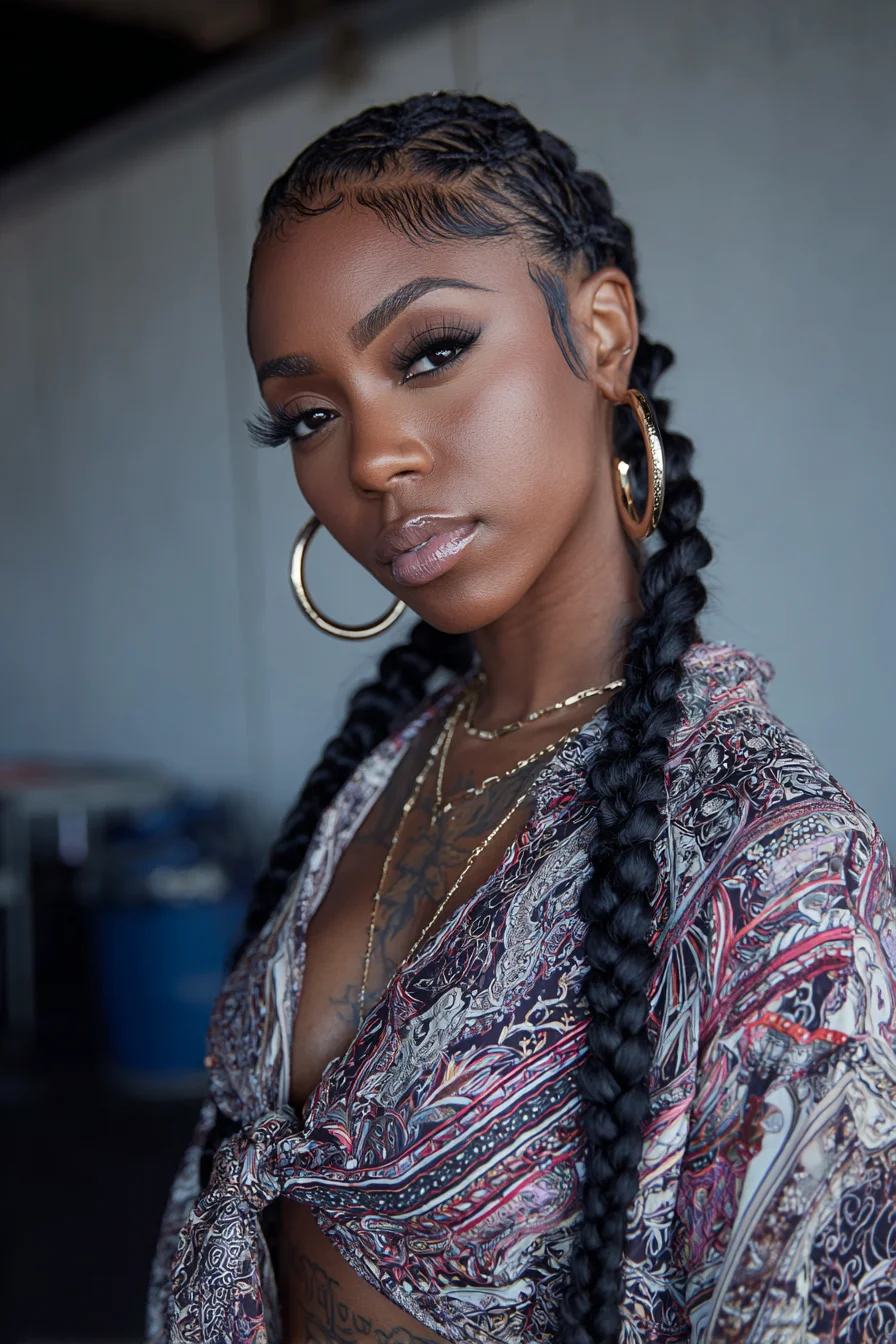 Sleek Double Feed-In Cornrows Into Long Chunky Braids with Laid Baby Hairs
