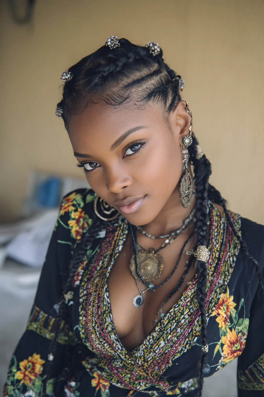 Sleek Feed-In Cornrows into Long Decorative Braids with Beaded Accents