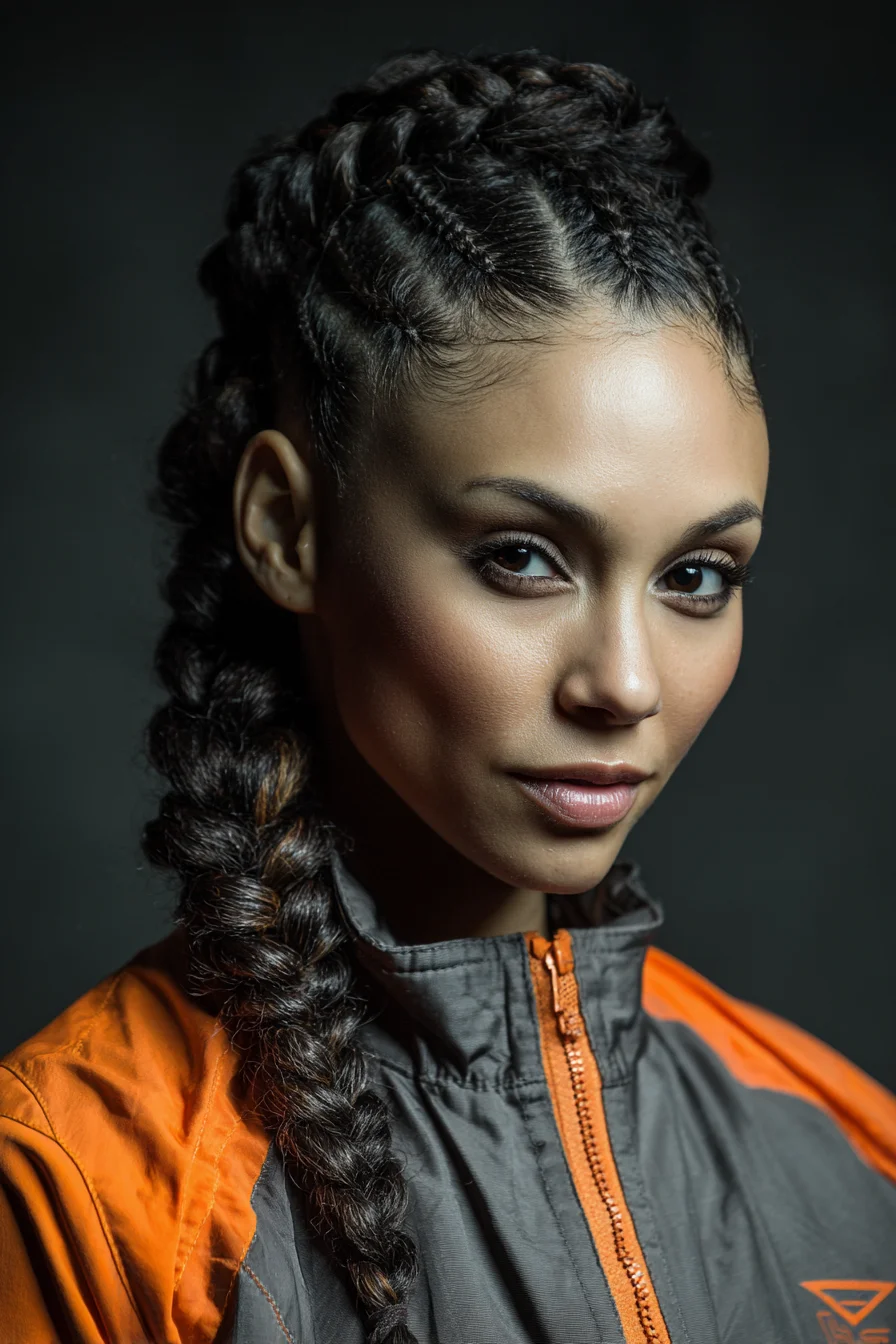 Sleek Feed‑In Cornrows Leading to a Thick Side Braid