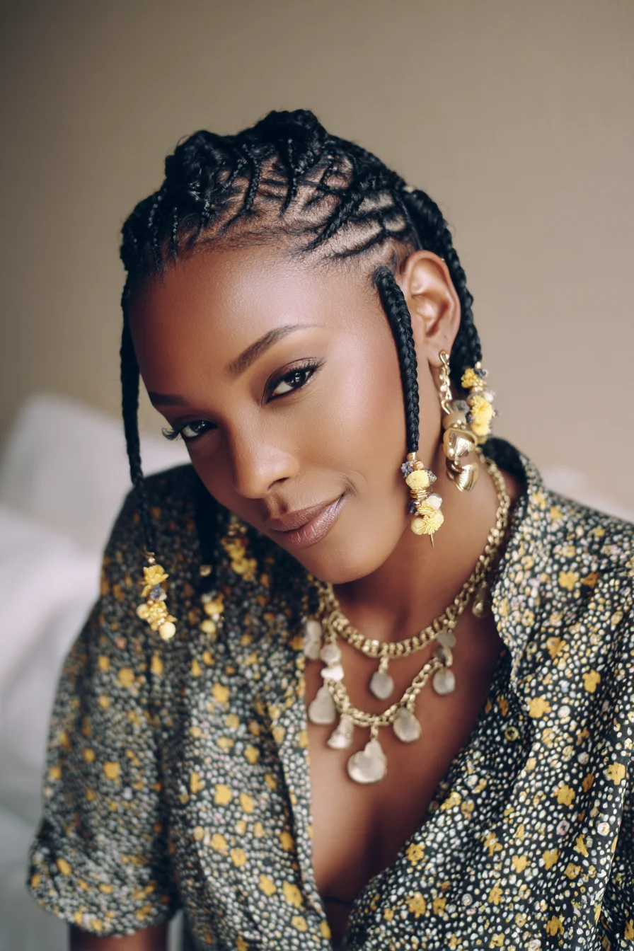 Sleek Feed-In Cornrows with Beaded Pendant Ends