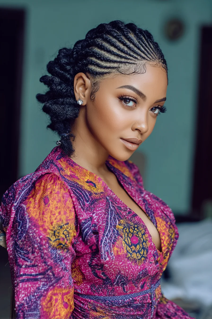 Sleek Feed-In Cornrows with Chunky Twisted Low Ponytail