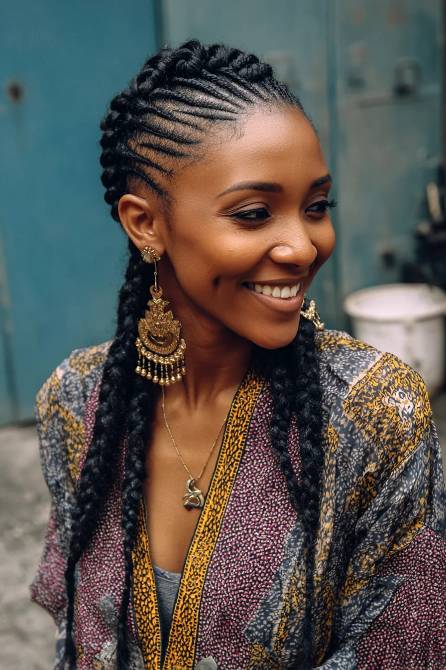 Sleek Ghana Cornrows Feeding into Two Long Braids