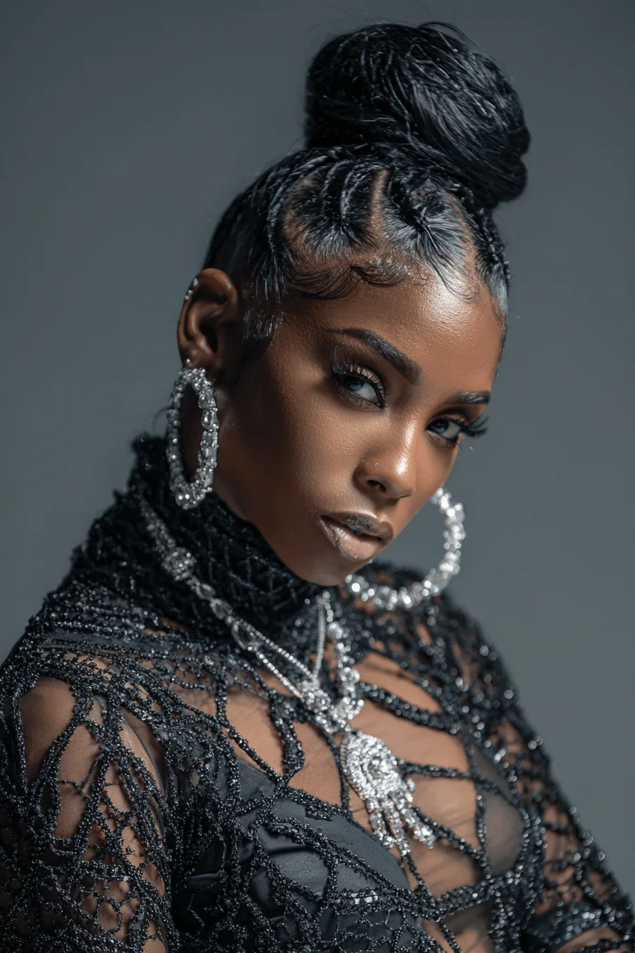 Sleek High Braided Bun with Cornrows and Sculpted Baby Hairs