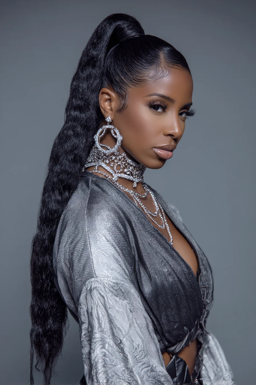Sleek High Ponytail with Crimped Length and Wrapped Base