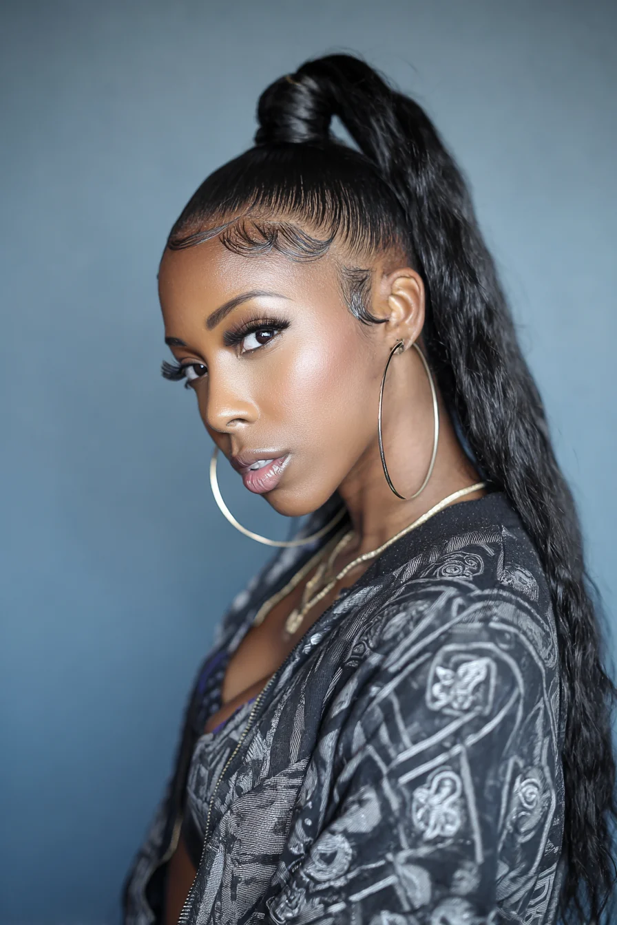 Sleek High Wrapped Ponytail with Laid Baby Hairs and Wavy Extensions