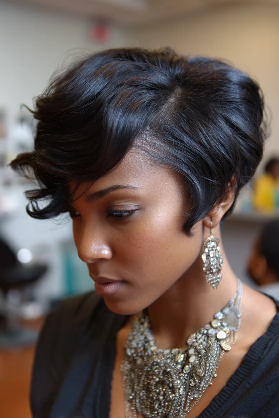 Sleek Layered Pixie with Side-Swept Waves and Tapered Nape