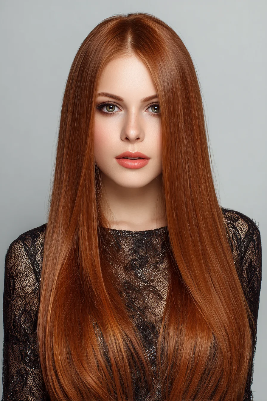 Sleek Long Copper Straight Hair with Center Part