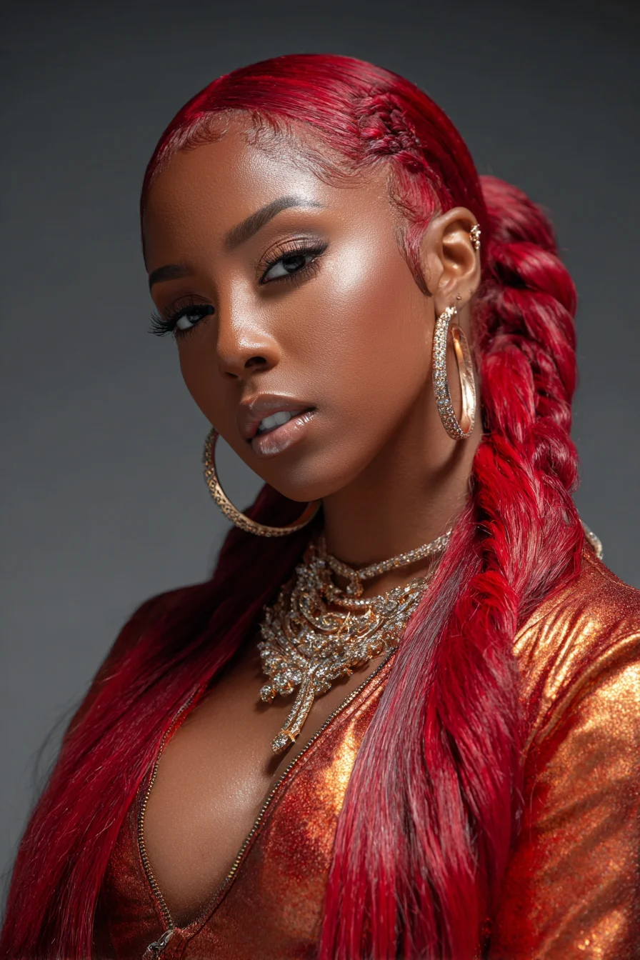 Sleek Long Red Braided Ponytail with Laid Baby Hairs