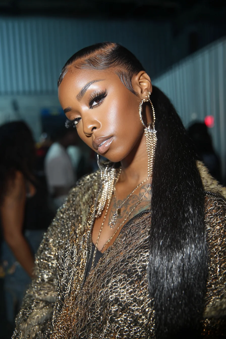 Sleek Low Ponytail with Laid Baby Hairs and Long Straight Extensions