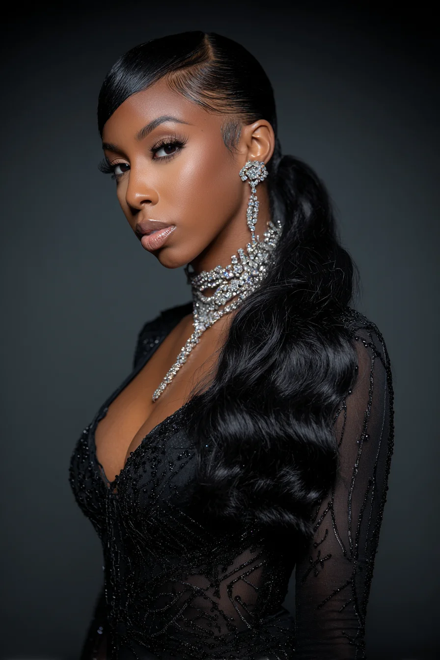 Sleek Side-Part Low Ponytail with Glossy Finger Waves and Laid Edges