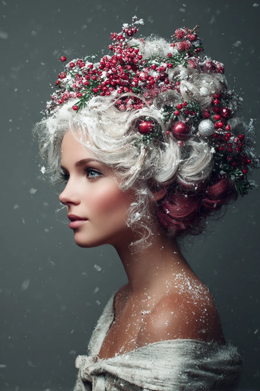 Snow‑Kissed Festive Vintage Updo with Curled Volume and Berry Accents