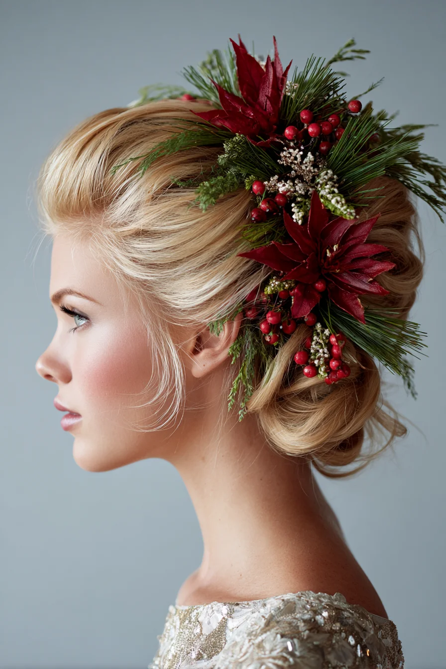 Soft Blonde Low Chignon Updo with Holiday Floral Accent