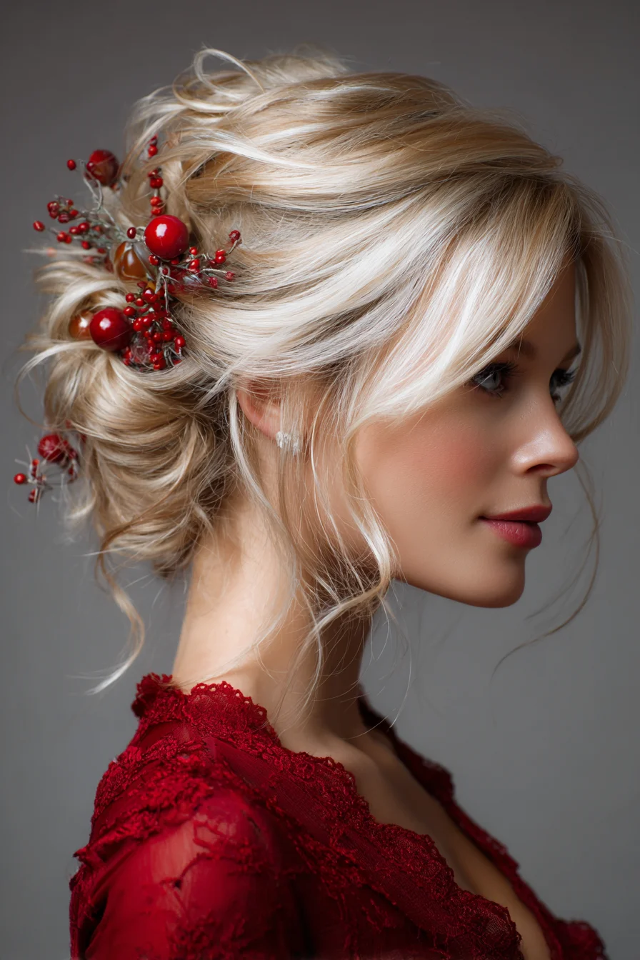 Soft Textured Low Chignon with Face-Framing Tendrils and Floral Accents