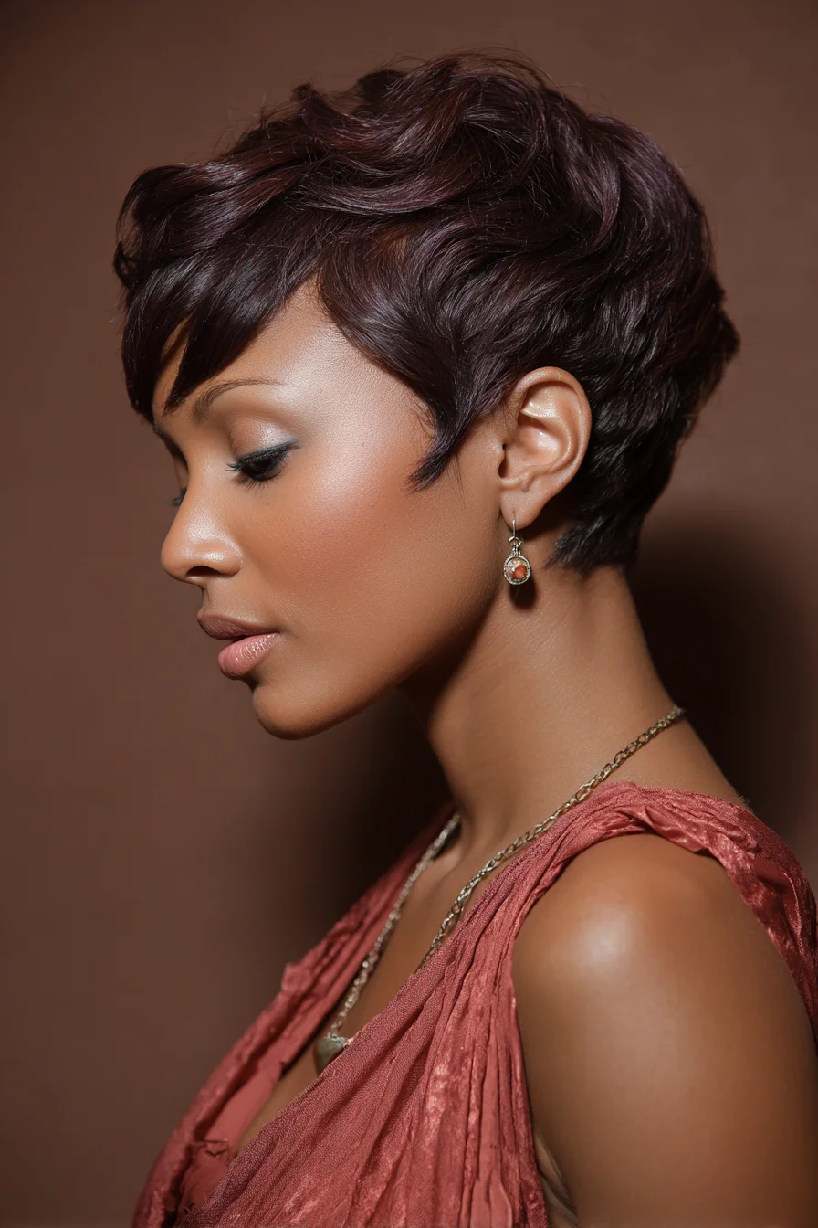 Soft Textured Pixie Cut with Tapered Nape and Side-Swept Fringe