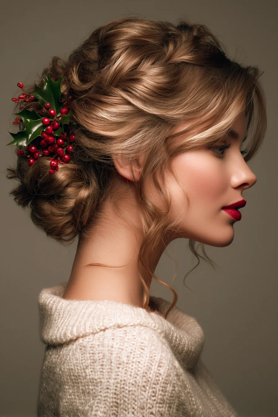 Soft Textured Twisted Low Bun – Romantic Holiday Updo with Holly Accent