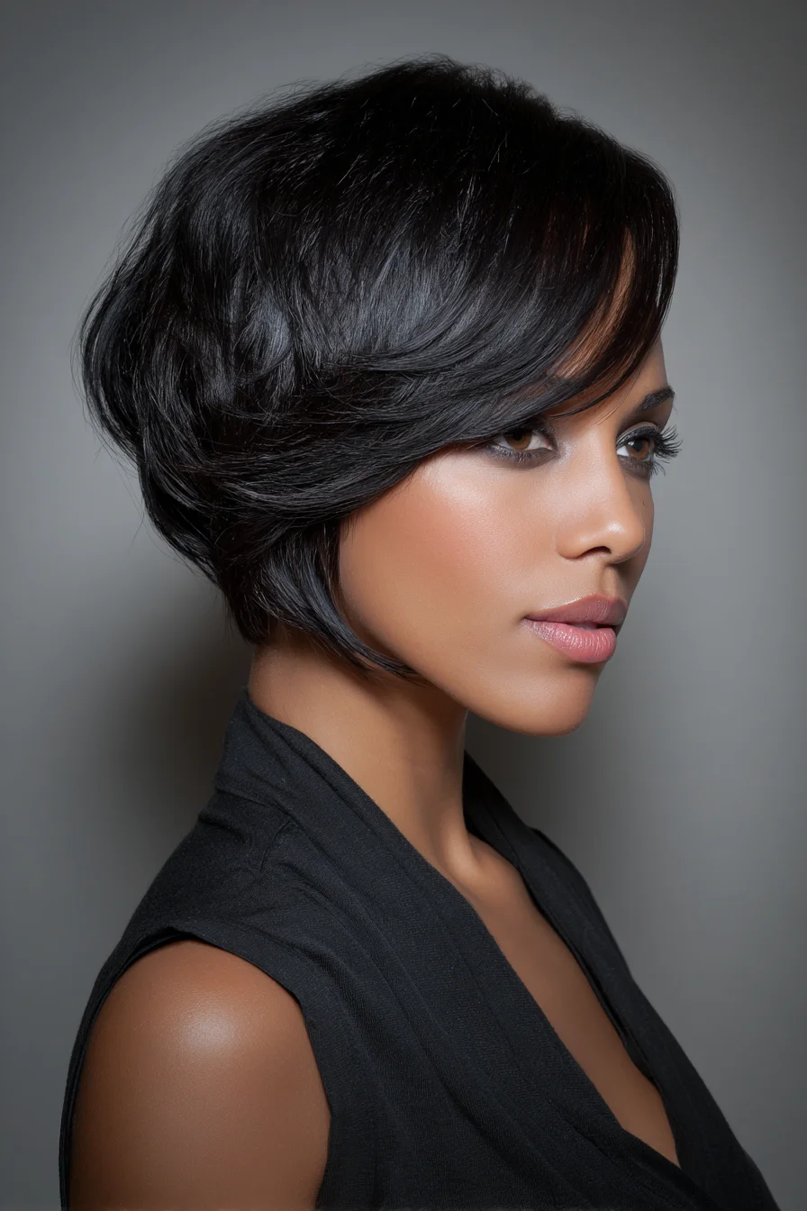 Stacked Layered Bob with Side‑Swept Fringe — Sleek Voluminous Short Cut