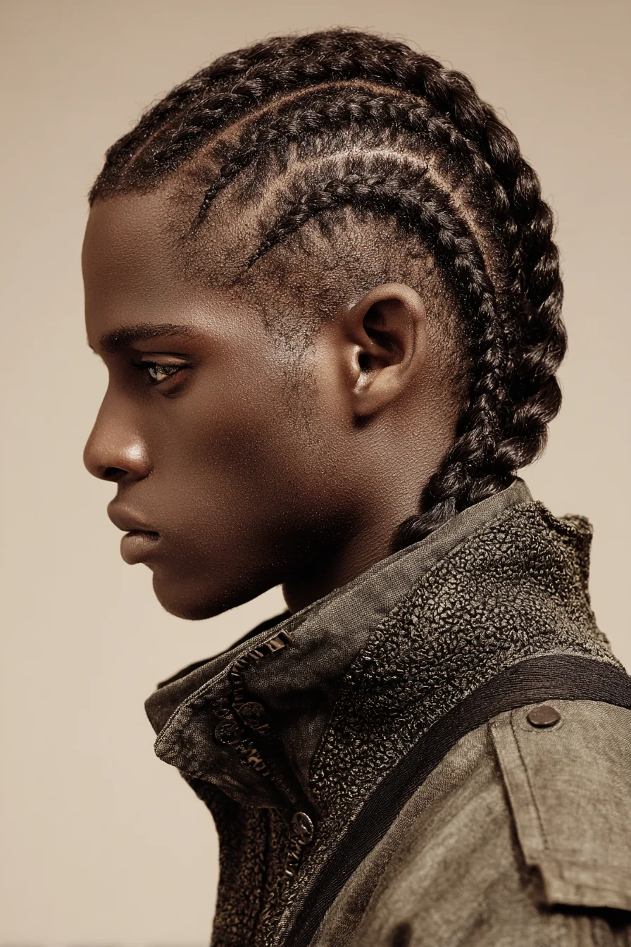 Straight-Back Cornrows with Thick Three-Strand Braids