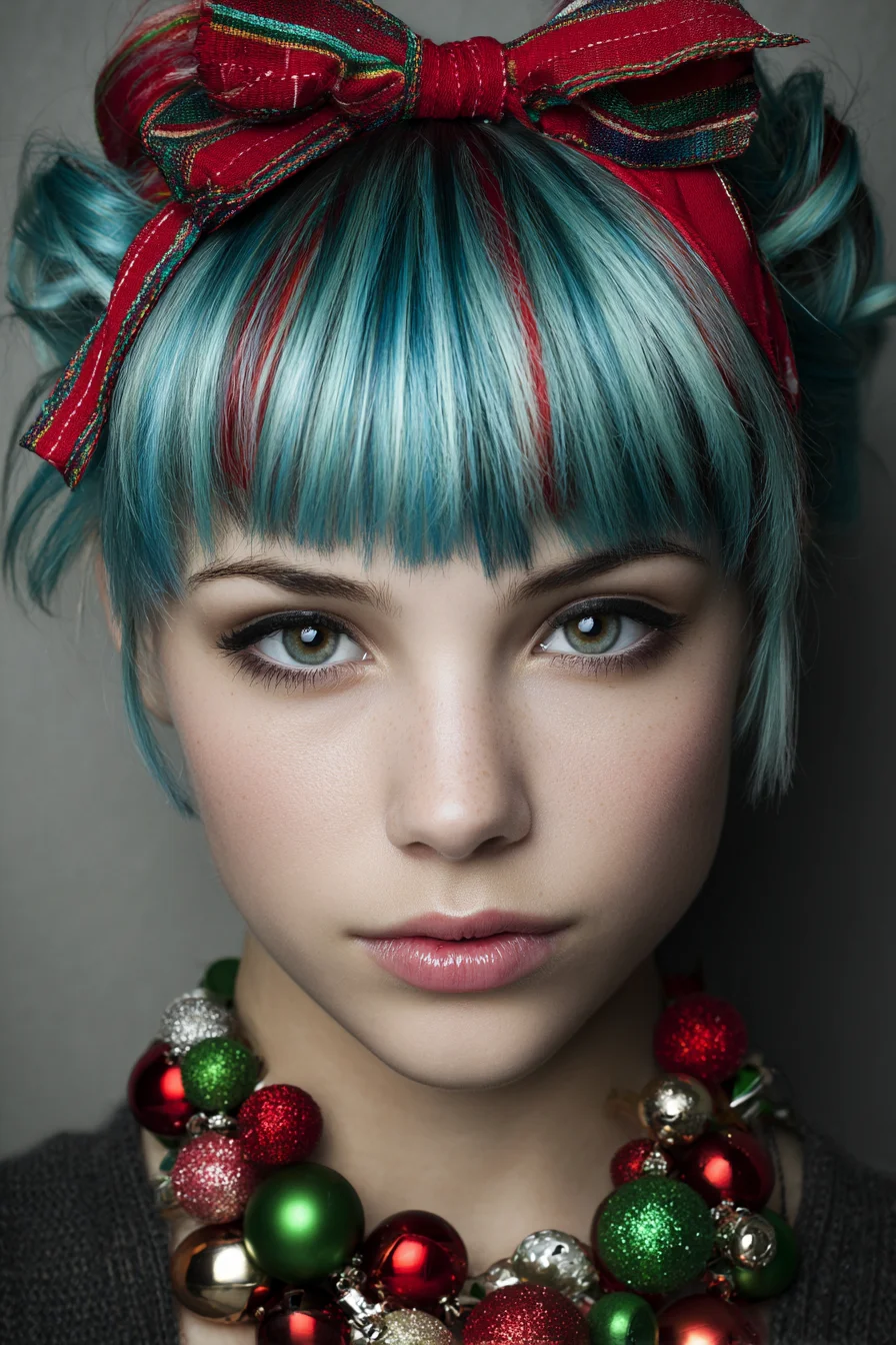 Teal Micro Bob with Blunt Fringe, Red Streaks & Bandana Bow
