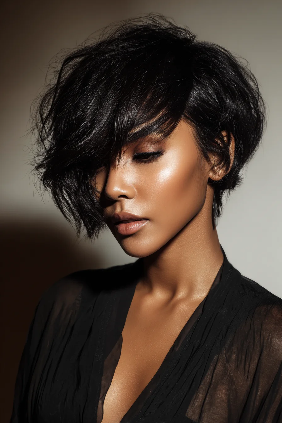 Textured Asymmetrical Short Bob with Long Side‑Swept Fringe