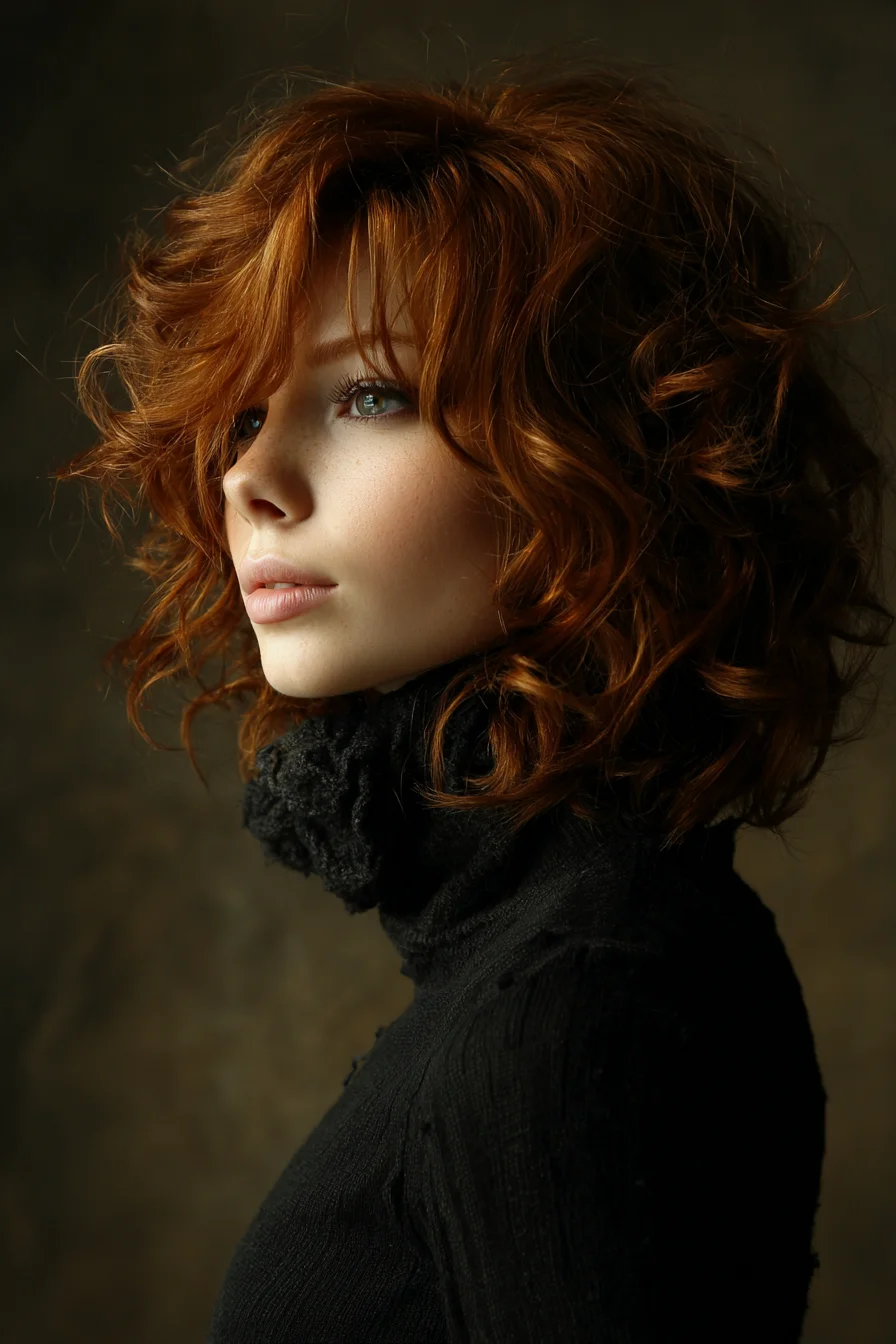 Textured Auburn Curly Shag Bob with Face‑Framing Bangs