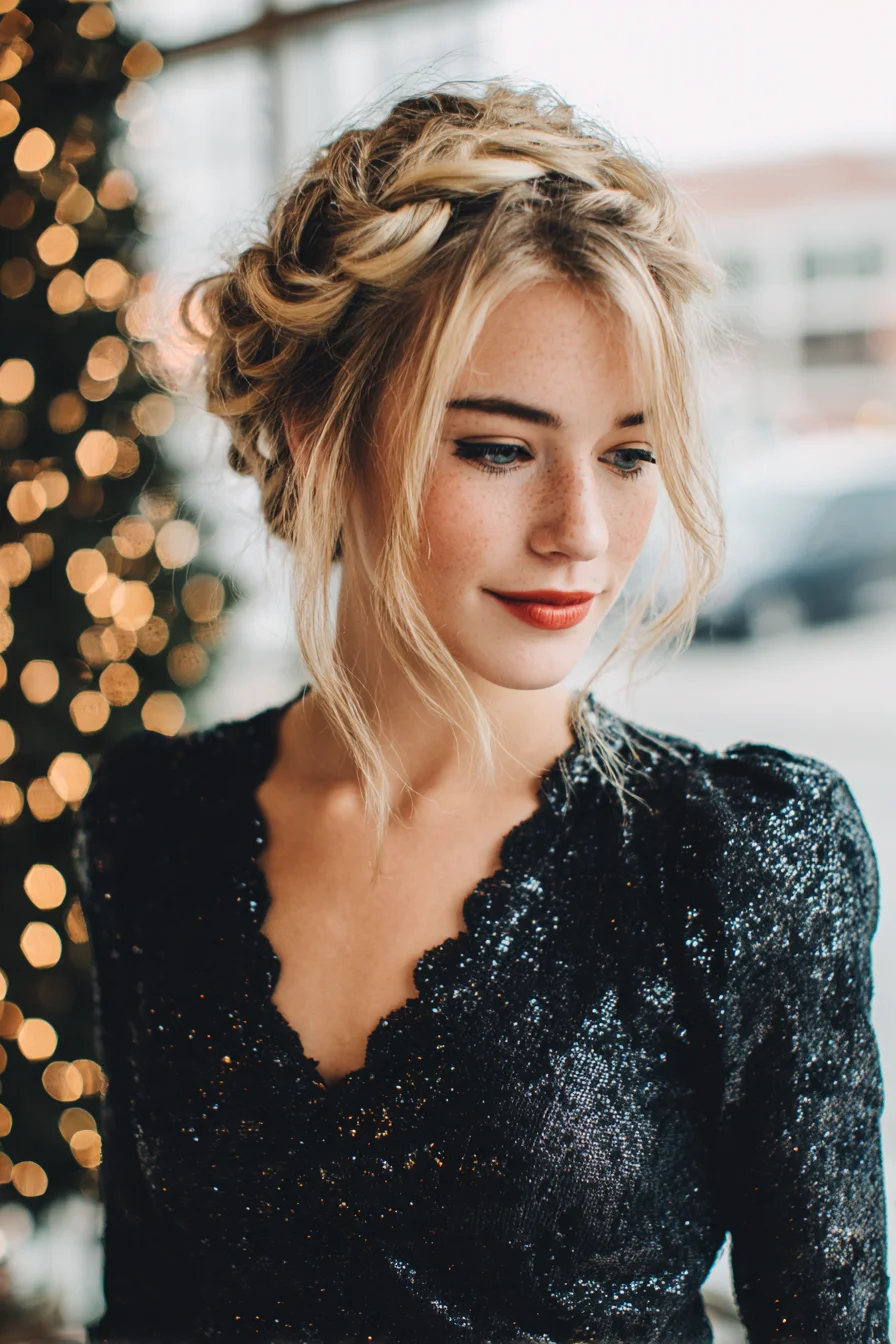 Textured Braided Crown Updo with Loose Face‑Framing Pieces