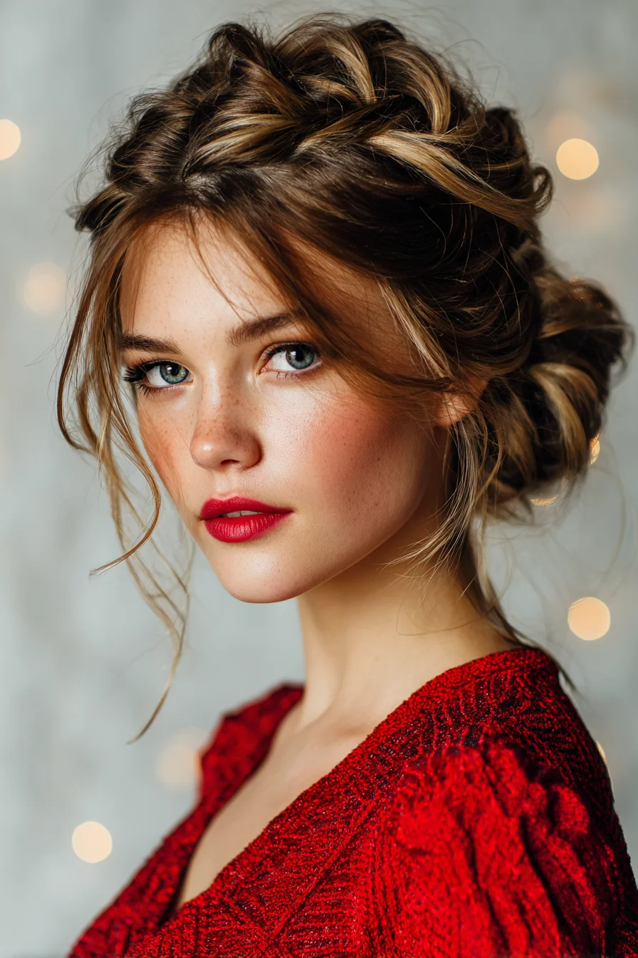 Textured Braided Crown with Low Messy Bun and Face‑Framing Tendrils