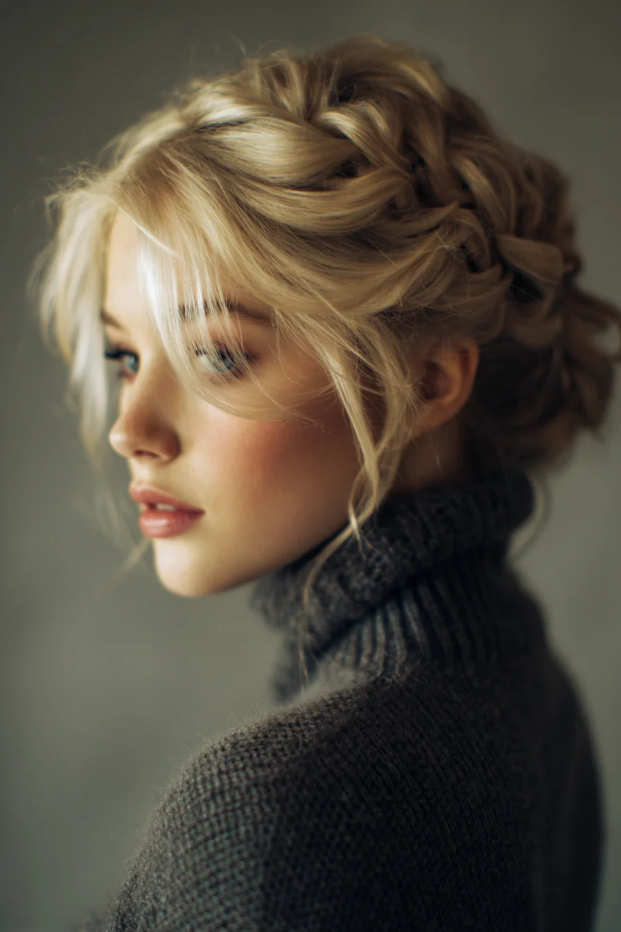 Textured Braided Low Bun with Face‑Framing Tendrils