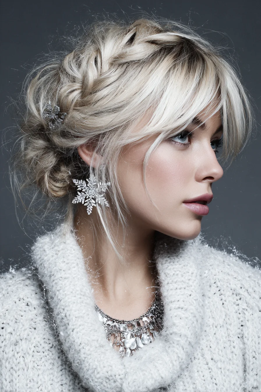 Textured Braided Low Updo with Soft Fringe for Blonde or Light-Colored Hair