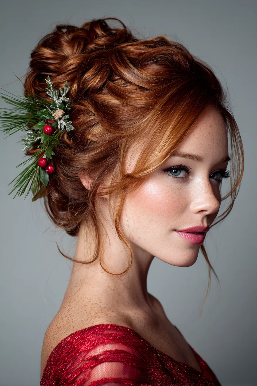 Textured Braided Updo with Holiday Foliage and Face‑Framing Tendrils