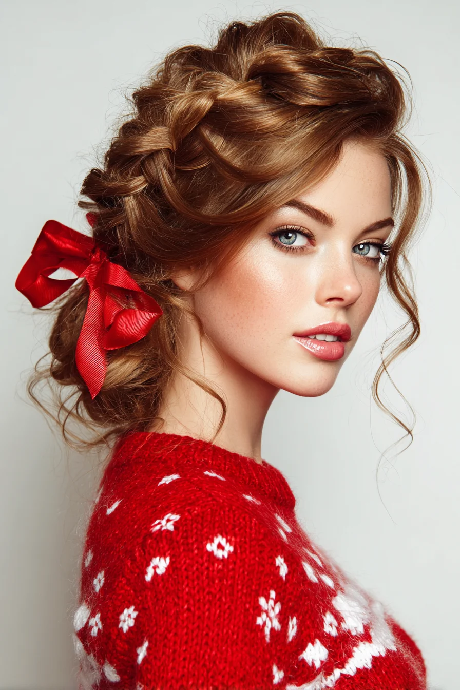 Textured Braided Updo with Ribbon Bow — Romantic Soft Waves & Face‑Framing Tendrils