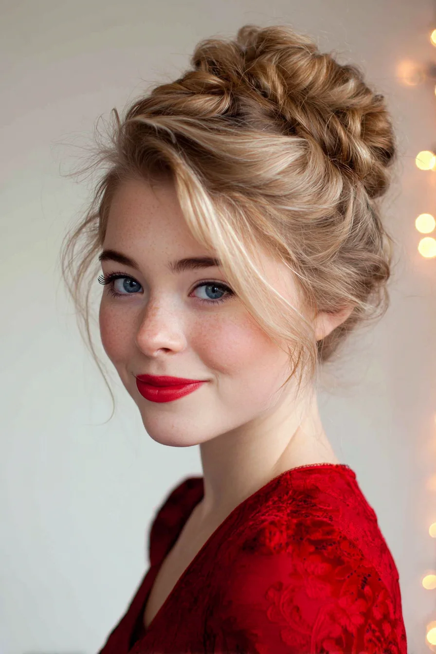 Textured Crown Braid into Messy High Bun — Romantic Updo for Fine to Medium Hair